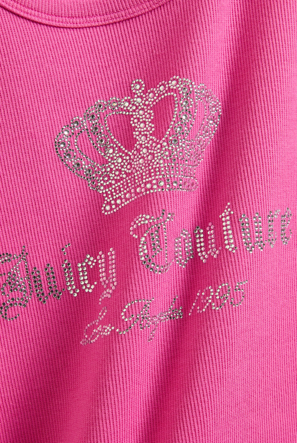 Displays the super pink 'juicy' branded ribbed diamanté crown vest featuring the juicy branding 