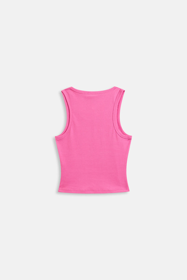 Displays the super pink 'juicy' branded ribbed diamanté crown vest 