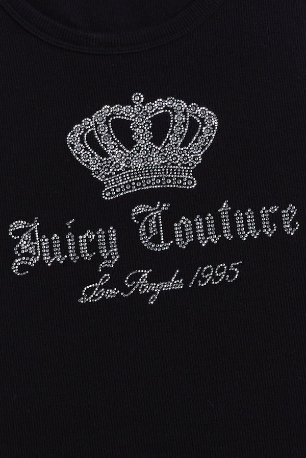 Displays the black 'juicy' branded ribbed diamanté crown vest featuring the juicy Couture branding 