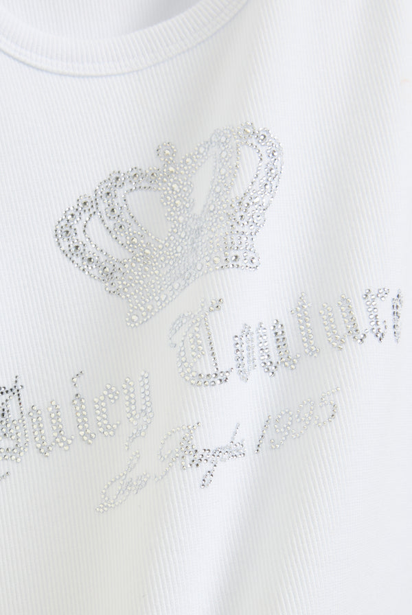 Displays the White 'juicy' branded ribbed diamanté crown vest featuring the juicy Couture branding 