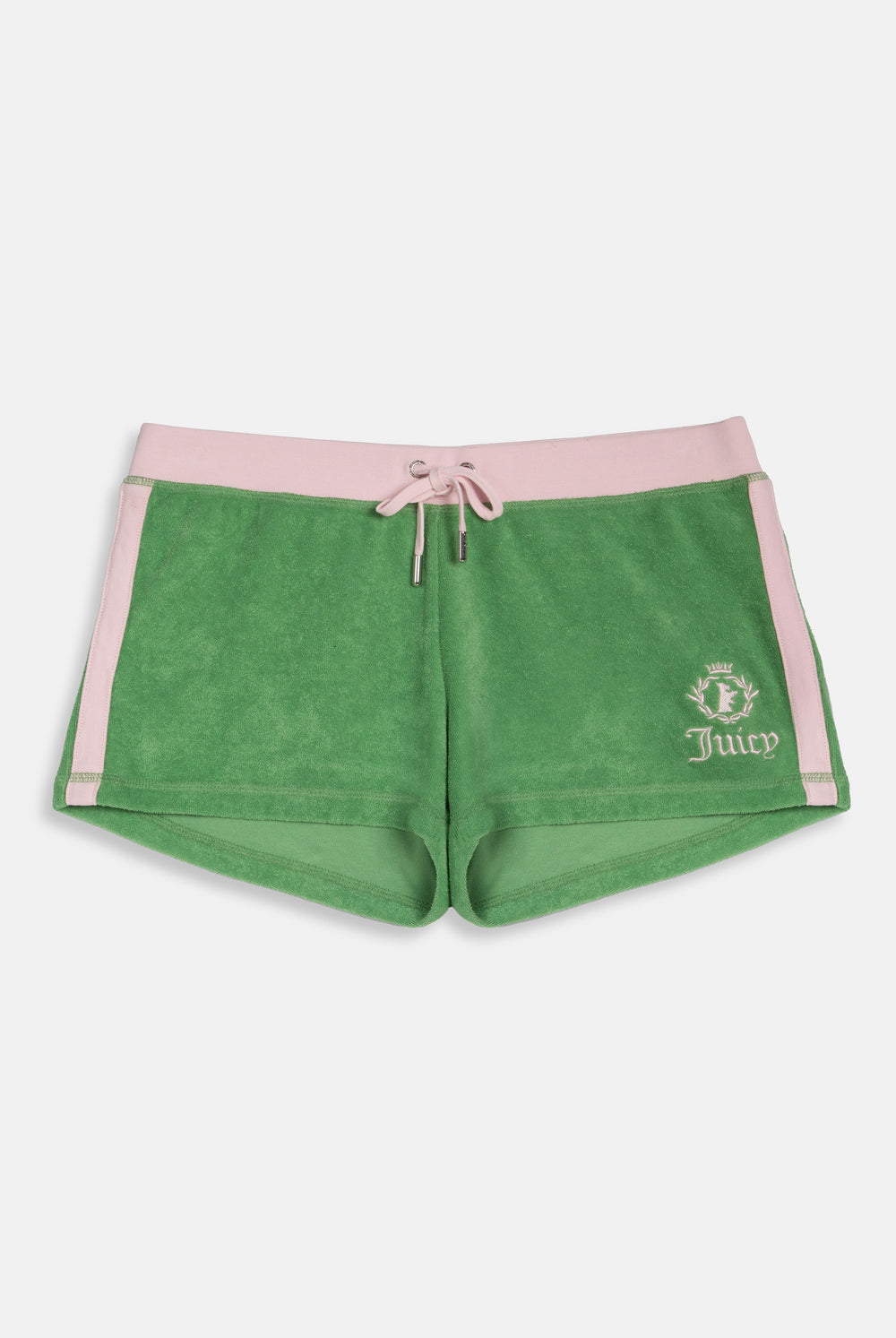 Displays the Peppermint Appliqué 'Juicy' branded Terry booty shorts 