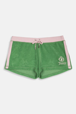 Displays the Peppermint Appliqué 'Juicy' branded Terry booty shorts 