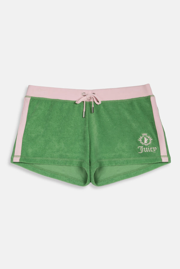 Displays the Peppermint Appliqué 'Juicy' branded Terry booty shorts 
