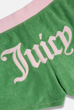Displays the Peppermint Appliqué 'Juicy' branded Terry booty shorts featuring the juicy branding 