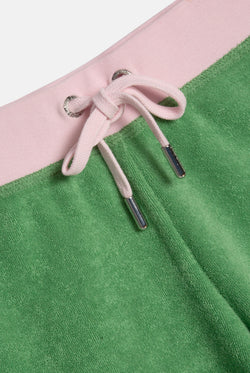 Displays the Peppermint Appliqué 'Juicy' branded Terry booty shorts 