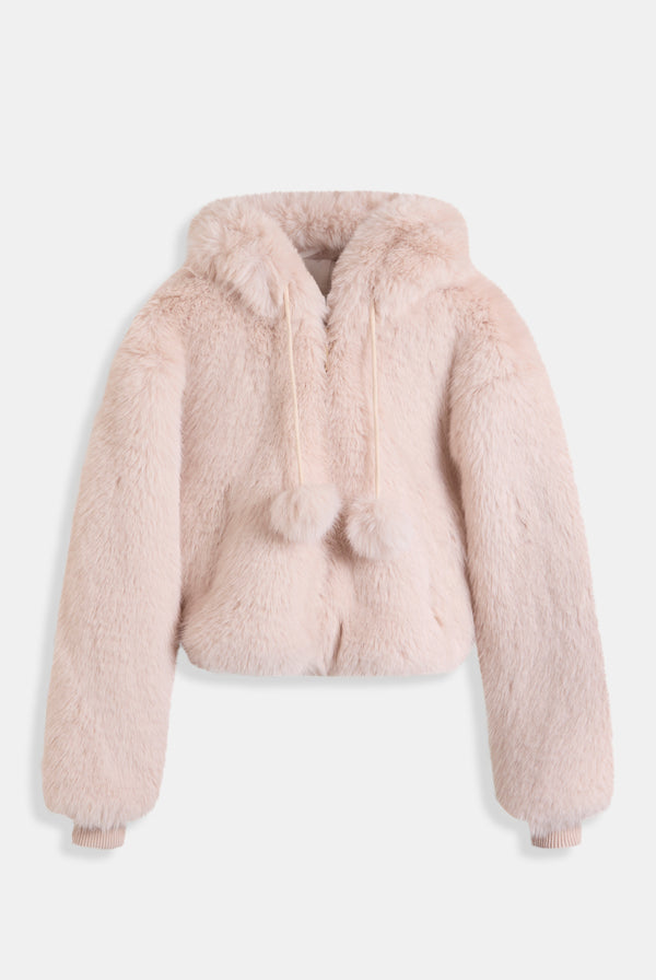 Displays the cream hooded 'Juicy' branded faux fur jacket 