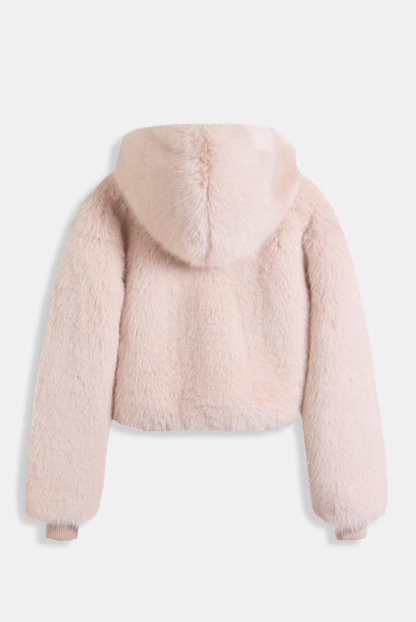 Display the cream hooded 'Juicy' branded faux fur jacket 