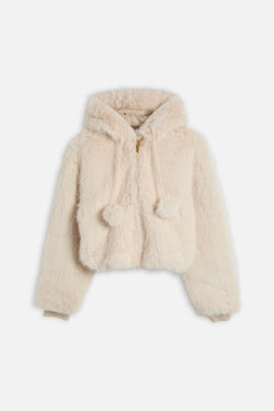 Displays the Natural 'Juicy' branded Fur Hooded Faux Fur Jacket