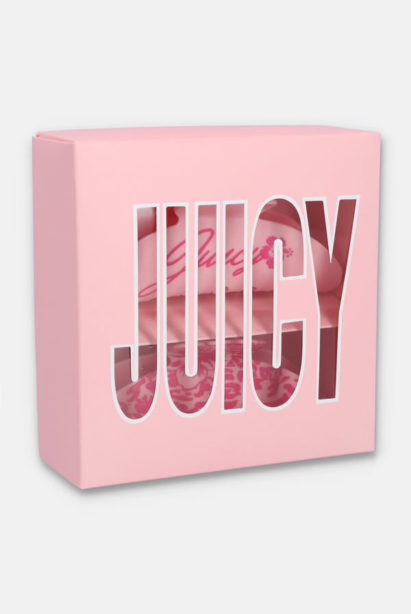 Displays the packaging for the juicy pink 'juicy' branded 2 pack claw clips 