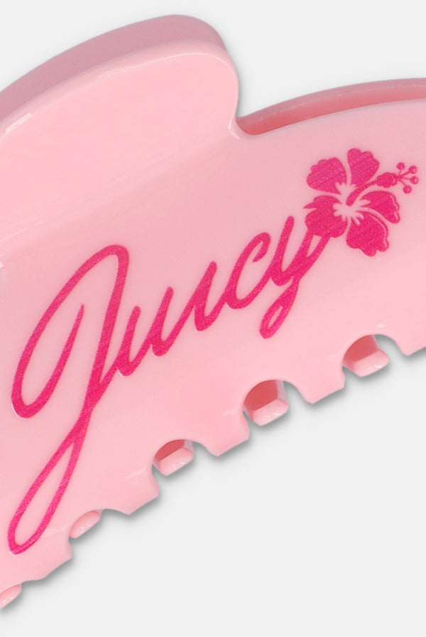 Displays a juicy pink 'juicy' branded 2 pack claw clip featuring the juicy branding 