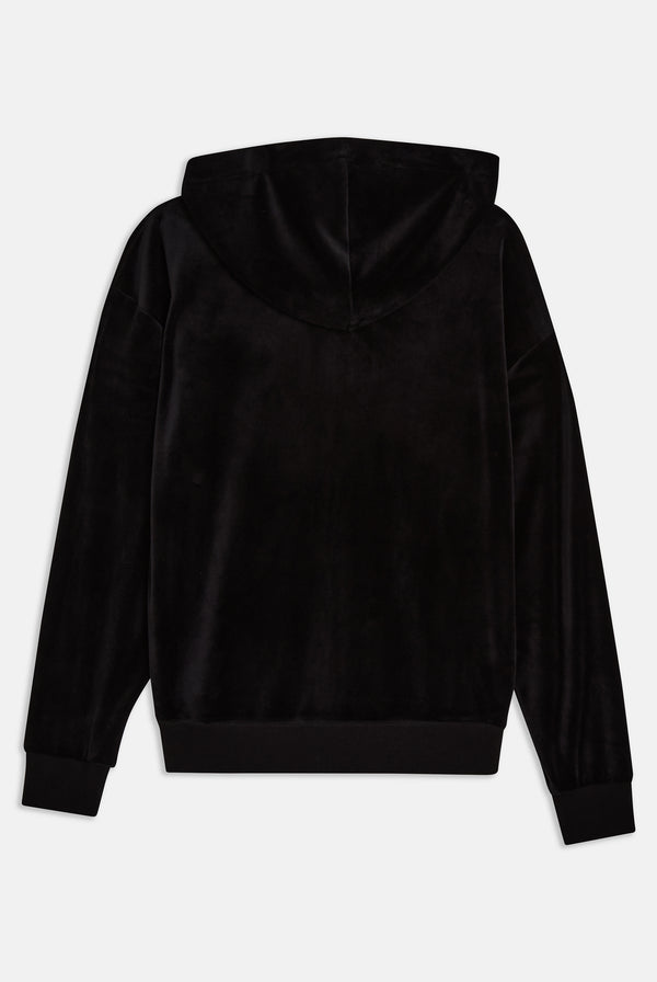 Displays the black classic 'Juicy' branded velour oversized hoodie