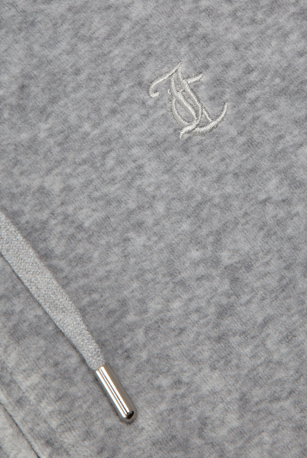 Displays the Silver Marl 'Juicy' branded Cotton velour oversized hoodie featuring the Juicy Couture logo