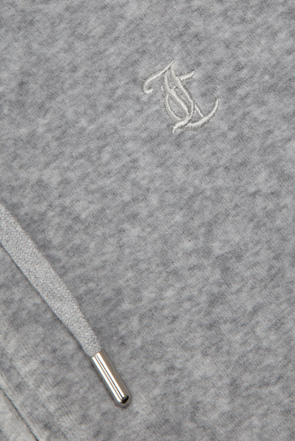 Displays the Silver Marl 'Juicy' branded Cotton velour oversized hoodie featuring the Juicy Couture logo