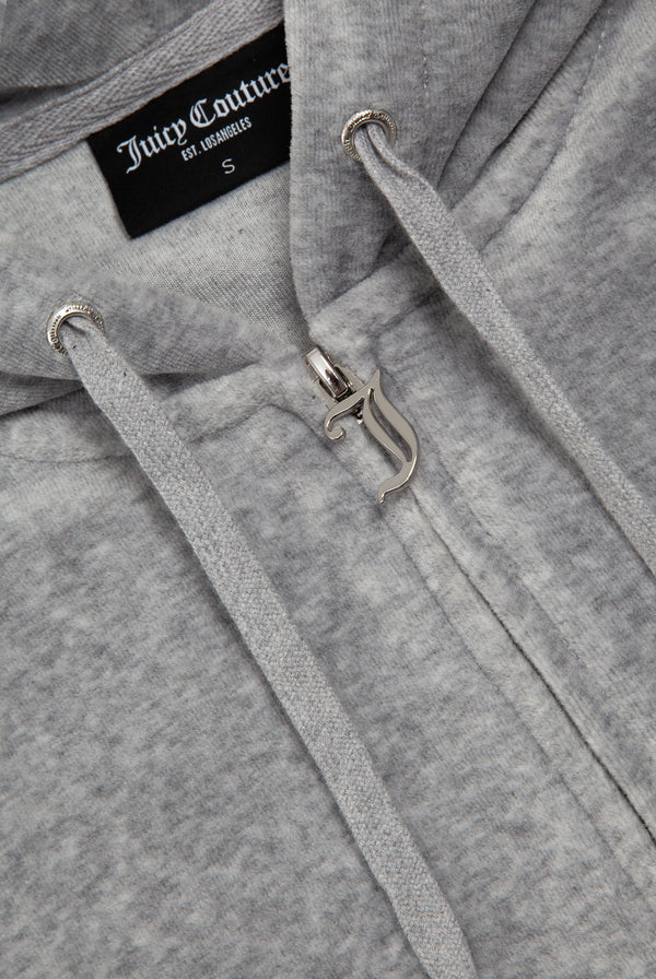 Displays the Silver Marl 'Juicy' branded Cotton velour oversized hoodie