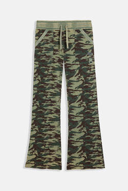 Displays the Camo Print 'Juicy' branded washed cotton low rise track bottoms