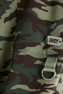 Displays the Camo Print 'Juicy' branded washed cotton low rise track bottoms featuring the juicy branding 
