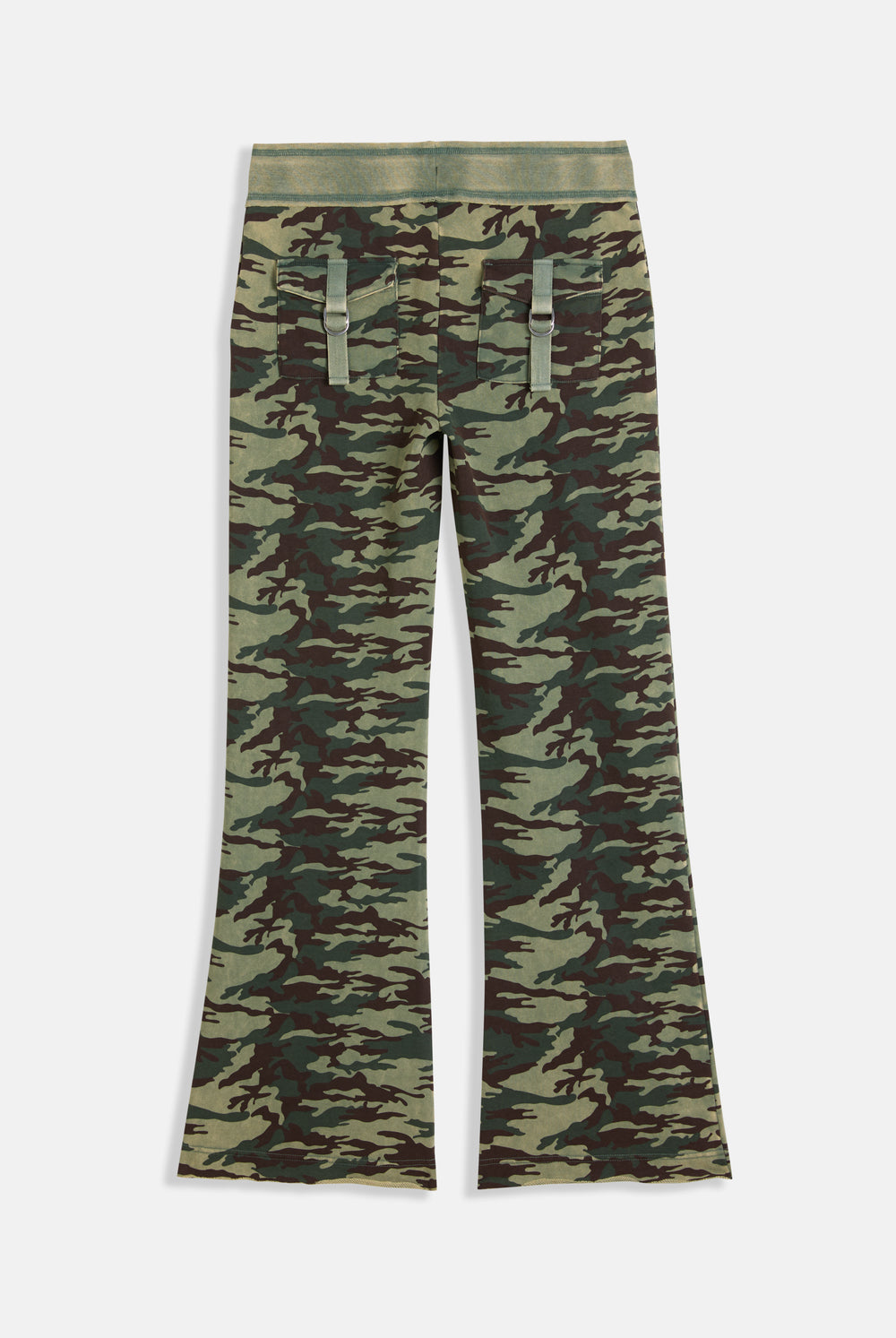 Displays a model wearing the Camo Print 'Juicy' branded washed cotton low rise track bottoms