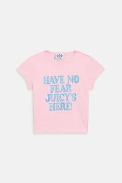 Displays the the Icons Juicy Pink 'Juicy' branded have no fear baby tee 