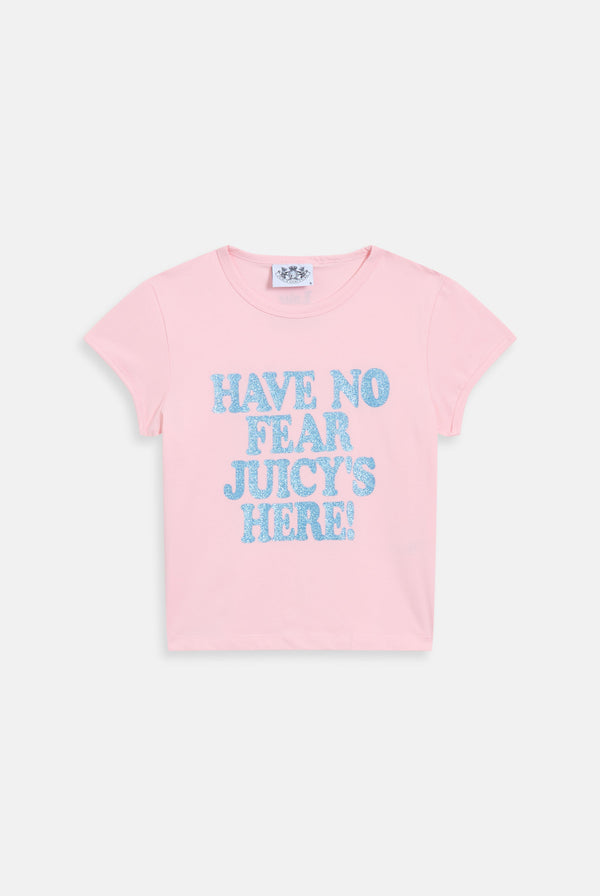 Displays the the Icons Juicy Pink 'Juicy' branded have no fear baby tee 