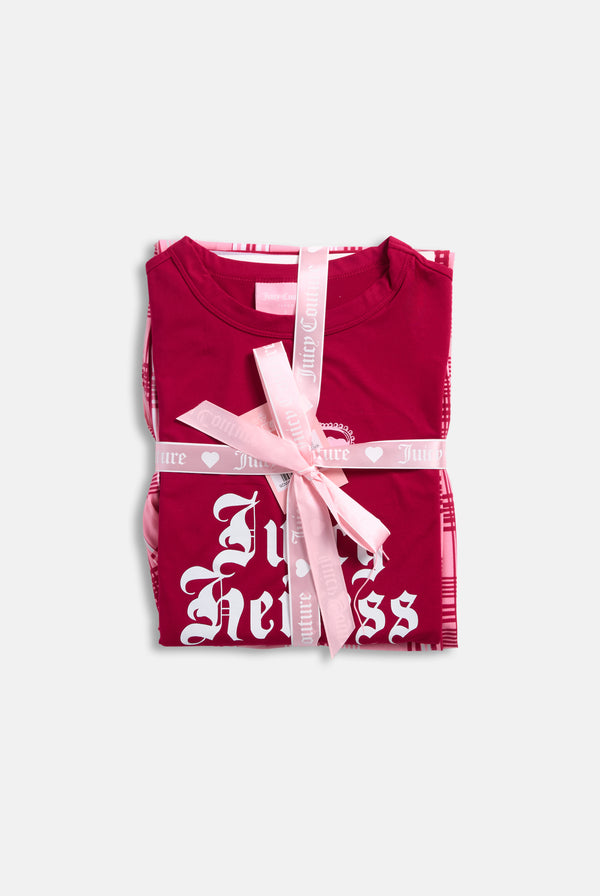 Displays the Persian Red 'Juicy' branded Heiress Pyjama Set featuring the packaging 
