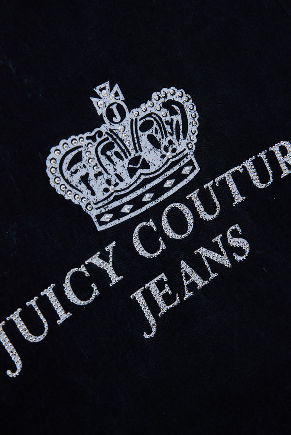 Displays the black washed 'Juicy' branded juicy Couture jeans longline tee featuring the juicy Couture jeans branding  