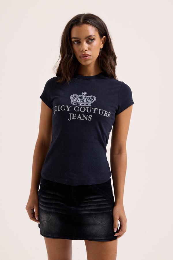 Displays a model wearing the black washed 'Juicy' branded juicy Couture jeans longline tee 