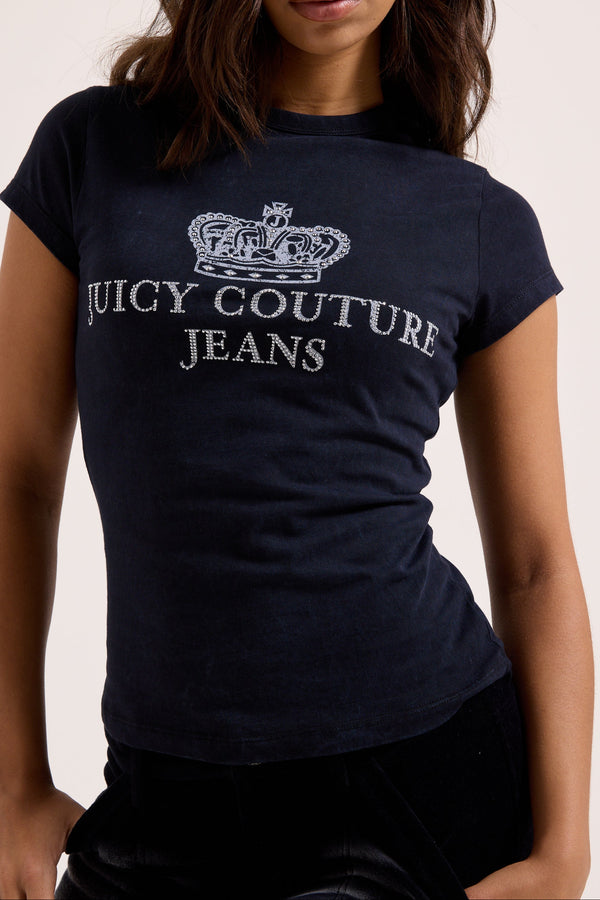 Displays a model wearing the black washed 'Juicy' branded juicy Couture jeans longline tee 