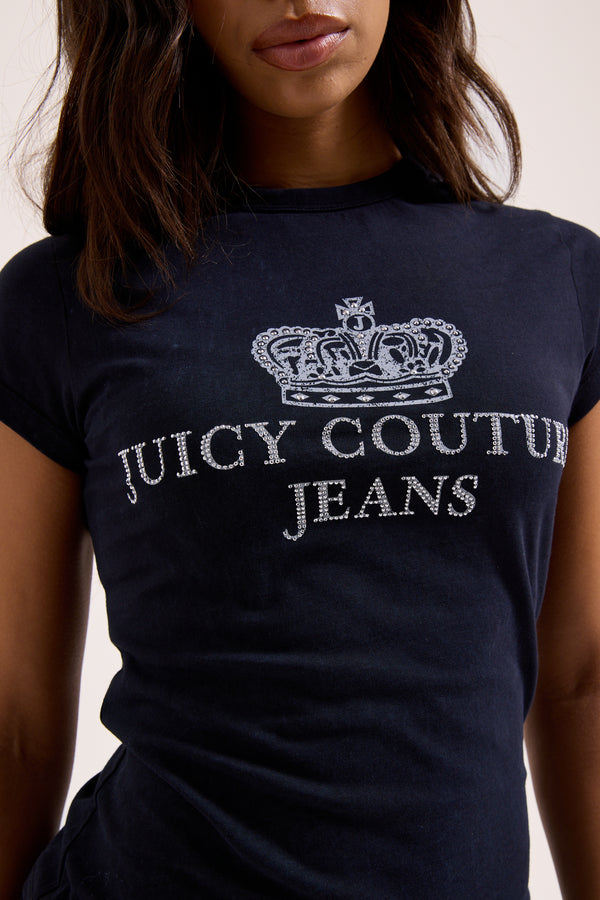 Displays a model wearing the black washed 'Juicy' branded juicy Couture jeans longline tee 