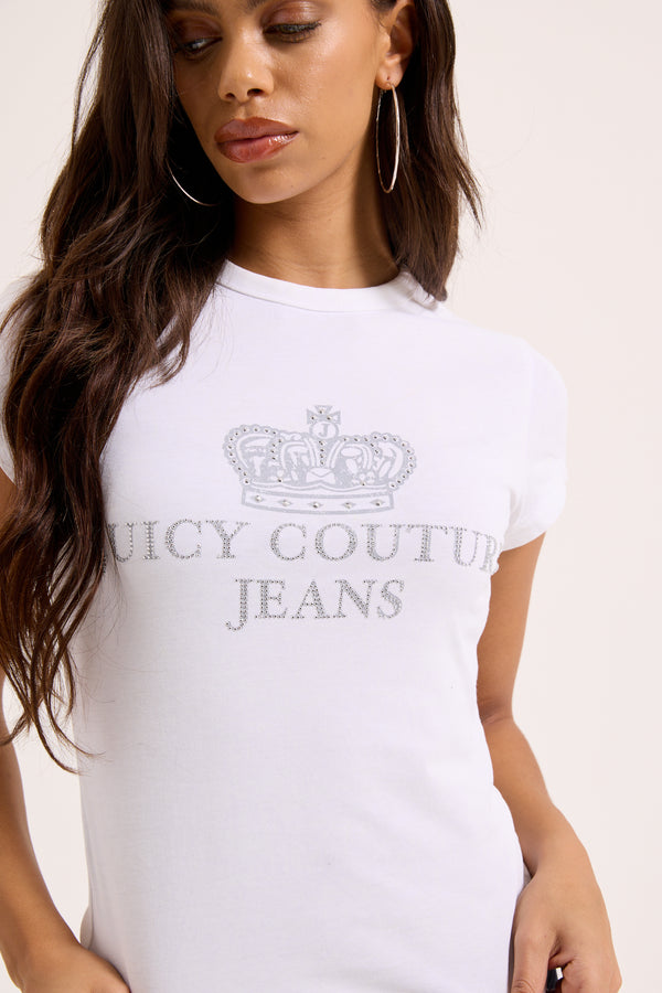 Displays a model wearing the White 'Juicy' branded juicy Couture jeans longline tee 