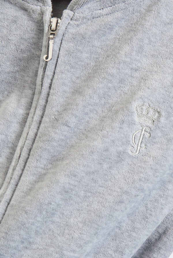 Displays the Silver Marl 'Juicy' branded bamboo velour heritage hoodie featuring the juicy couture logo