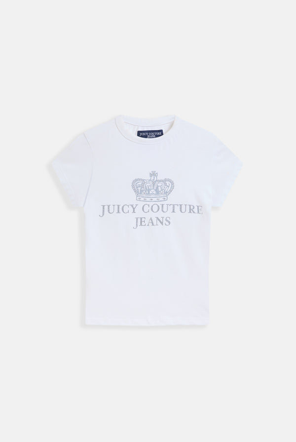 Displays the White 'Juicy' branded juicy Couture jeans longline tee 