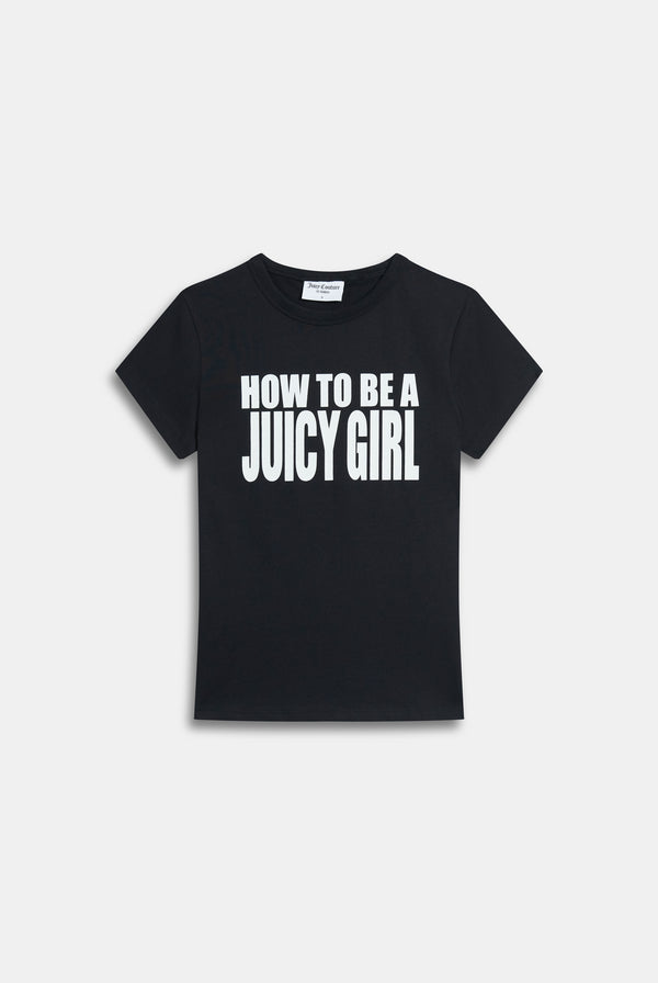 Displays the Black 'Juicy' branded HOW TO BE A JUICY GIRL T-SHIRT