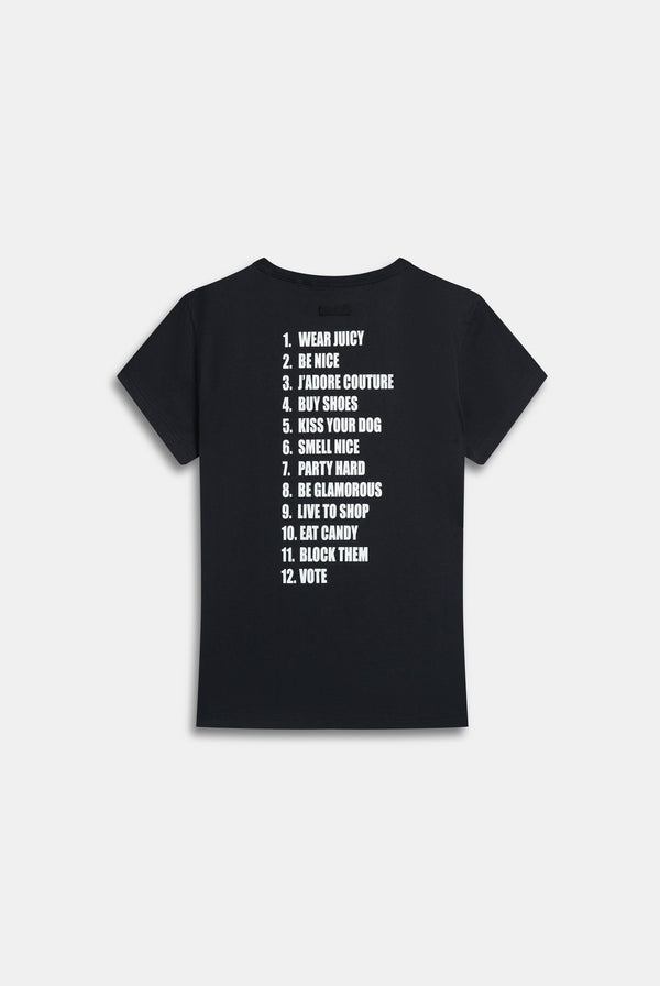 Displays the Black 'Juicy' branded HOW TO BE A JUICY GIRL T-SHIRT