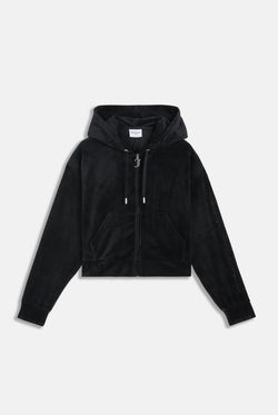 Displays the Black 'Juicy' branded outline diamanté oversized cropped hoodie 