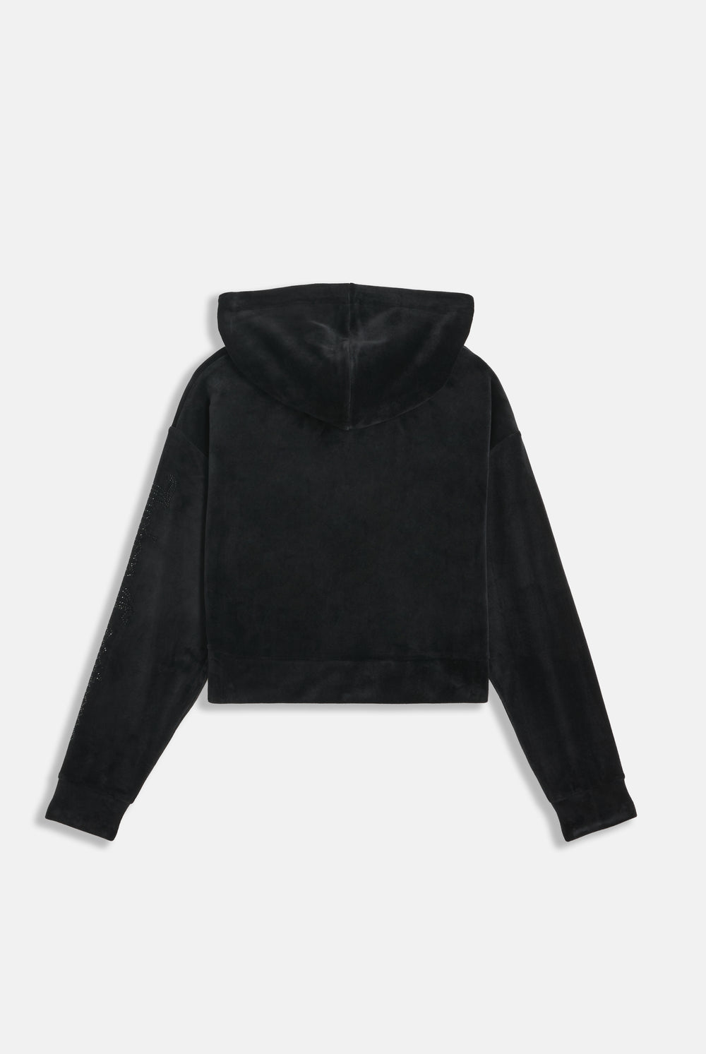 Displays the Black 'Juicy' branded outline diamanté oversized cropped hoodie 