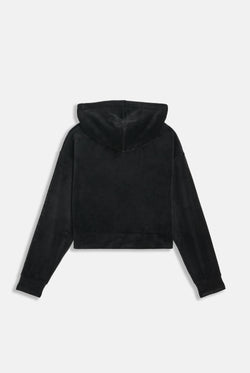Displays the Black 'Juicy' branded outline diamanté oversized cropped hoodie 