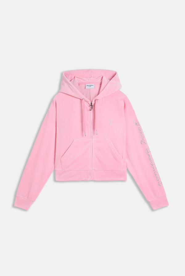 JUICY PINK OUTLINE DIAMANTÉ OVERSIZED CROPPED VELOUR HOODIE