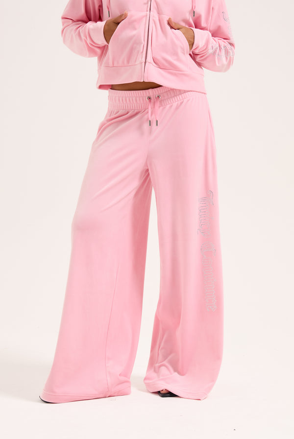 JUICY PINK OUTLINE DIAMANTÉ WIDE LEG VELOUR TRACK PANT