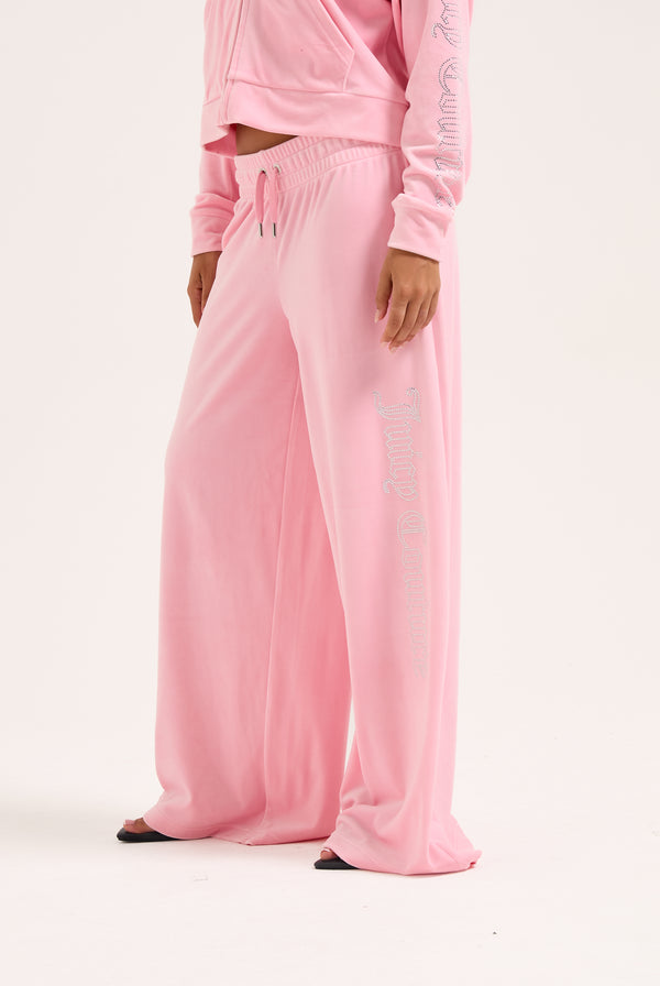 JUICY PINK OUTLINE DIAMANTÉ WIDE LEG VELOUR TRACK PANT