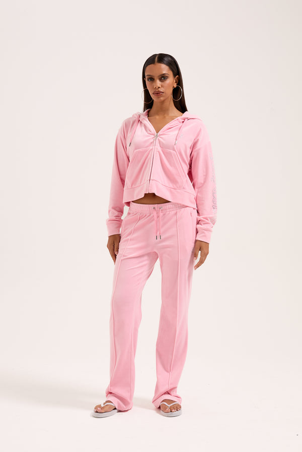 JUICY PINK OUTLINE DIAMANTÉ OVERSIZED CROPPED VELOUR HOODIE