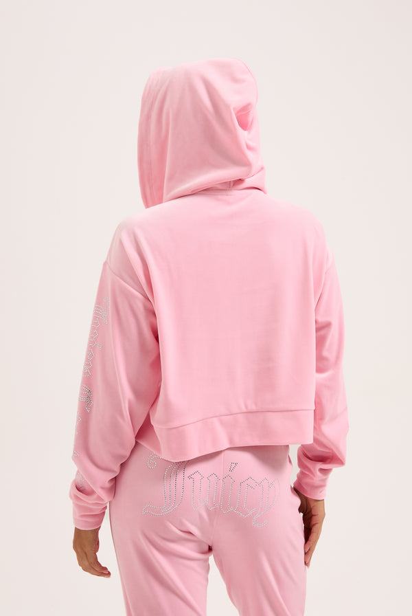 JUICY PINK OUTLINE DIAMANTÉ OVERSIZED CROPPED VELOUR HOODIE