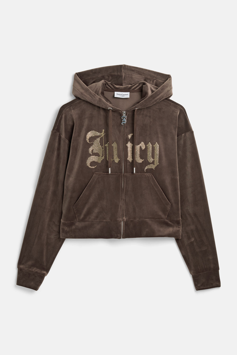 Displays the Java 'Juicy' branded Old Gothic Oversized Cropped Hoodie