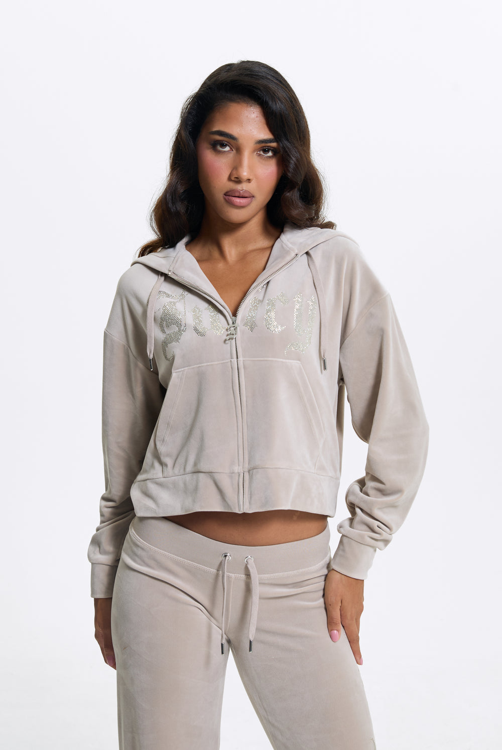 Displays a model wearing the String 'Juicy' branded Old Gothic Oversized Cropped Hoodie