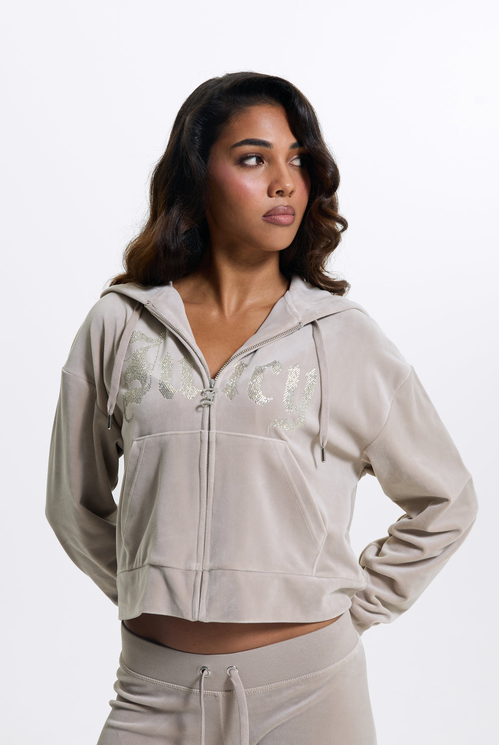 Displays a model wearing the String 'Juicy' branded Old Gothic Oversized Cropped Hoodie