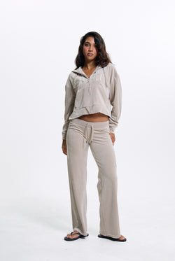 Displays a model wearing the String 'Juicy' branded Old Gothic Diamante Og Straight Leg Trackpant
