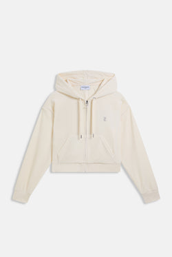 Displays the Cream Outline 'Juicy' branded diamanté oversized cropped hoodie