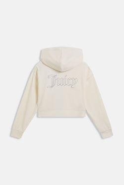 Displays the Cream Outline 'Juicy' branded diamanté oversized cropped hoodie