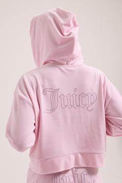 Displays a model wearing the Cherry Blossom 'juicy' branded outline diamanté oversized cropped velour hoodie 