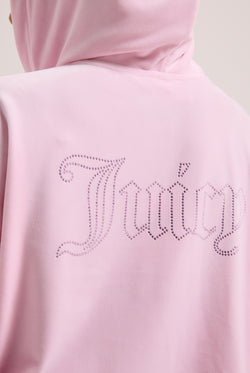 Displays a model wearing the Cherry Blossom 'juicy' branded outline diamanté oversized cropped velour hoodie featuring the juicy branding 