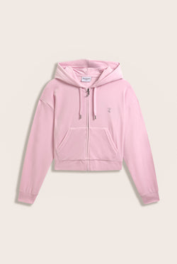 Displays the Cherry Blossom 'juicy' branded outline diamanté oversized cropped velour hoodie 